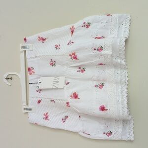 ZARA white pink embroidered lace mini A-line skirt L NWT